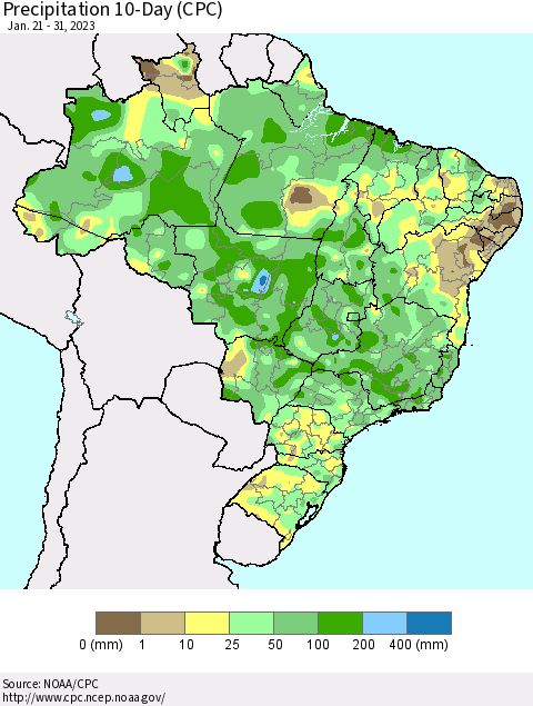 Brazil Precipitation 10-Day (CPC) Thematic Map For 1/21/2023 - 1/31/2023