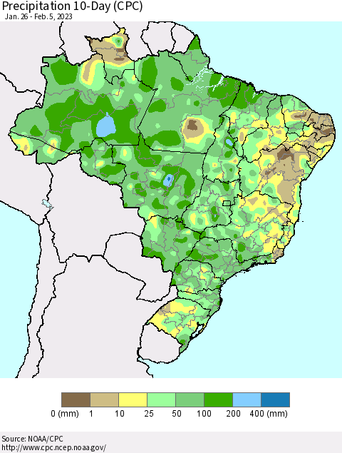 Brazil Precipitation 10-Day (CPC) Thematic Map For 1/26/2023 - 2/5/2023