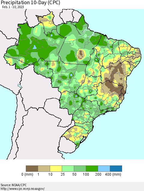 Brazil Precipitation 10-Day (CPC) Thematic Map For 2/1/2023 - 2/10/2023