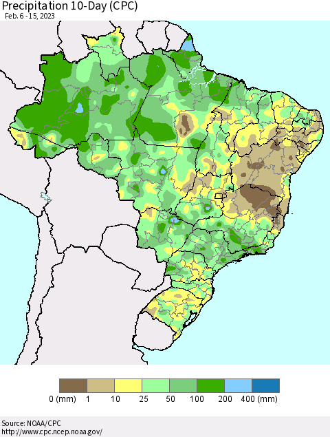Brazil Precipitation 10-Day (CPC) Thematic Map For 2/6/2023 - 2/15/2023