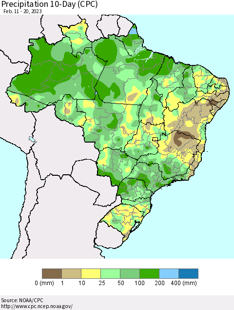 Brazil Precipitation 10-Day (CPC) Thematic Map For 2/11/2023 - 2/20/2023
