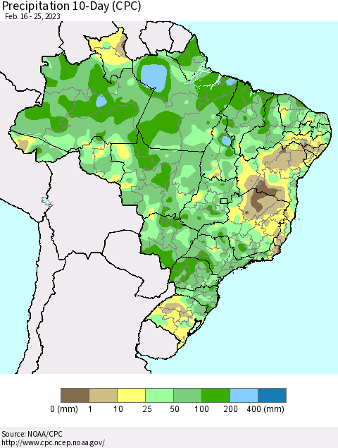 Brazil Precipitation 10-Day (CPC) Thematic Map For 2/16/2023 - 2/25/2023