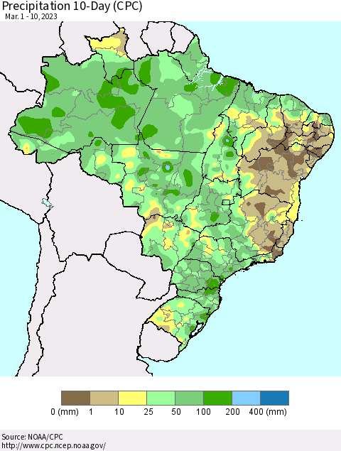 Brazil Precipitation 10-Day (CPC) Thematic Map For 3/1/2023 - 3/10/2023