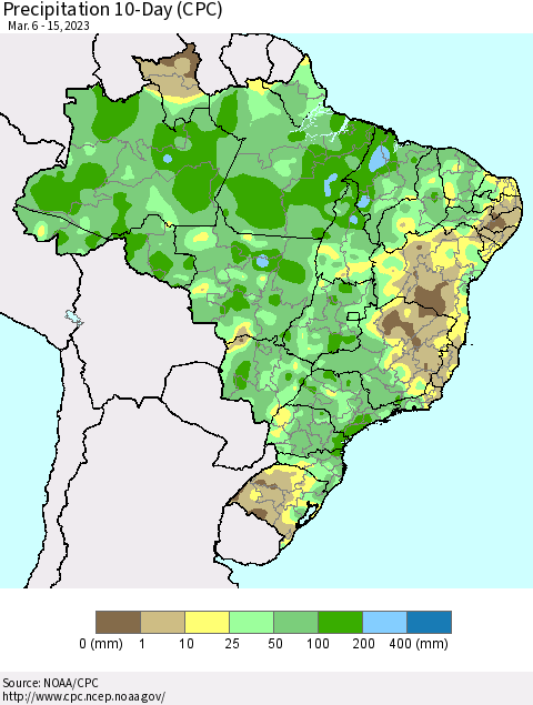 Brazil Precipitation 10-Day (CPC) Thematic Map For 3/6/2023 - 3/15/2023