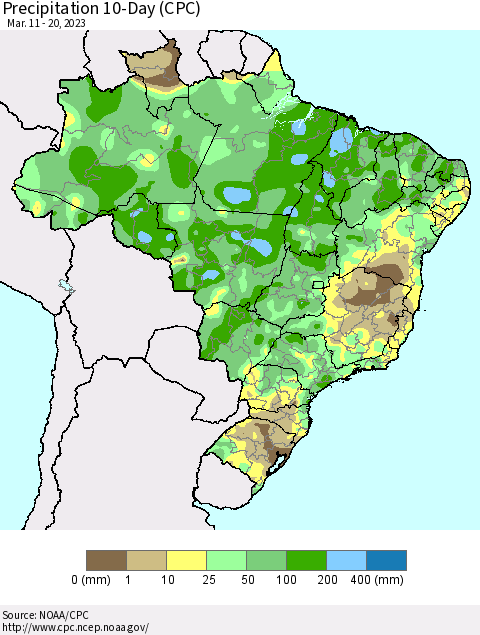 Brazil Precipitation 10-Day (CPC) Thematic Map For 3/11/2023 - 3/20/2023