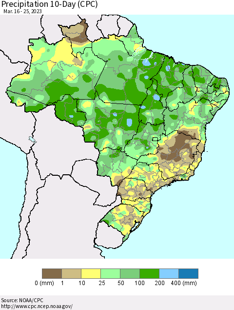 Brazil Precipitation 10-Day (CPC) Thematic Map For 3/16/2023 - 3/25/2023