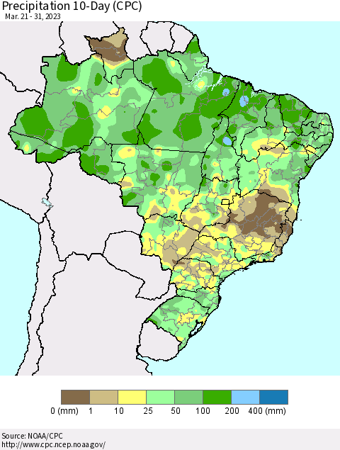 Brazil Precipitation 10-Day (CPC) Thematic Map For 3/21/2023 - 3/31/2023