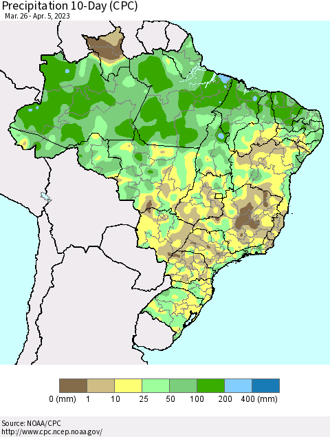 Brazil Precipitation 10-Day (CPC) Thematic Map For 3/26/2023 - 4/5/2023