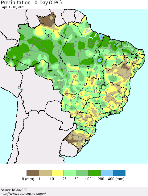 Brazil Precipitation 10-Day (CPC) Thematic Map For 4/1/2023 - 4/10/2023