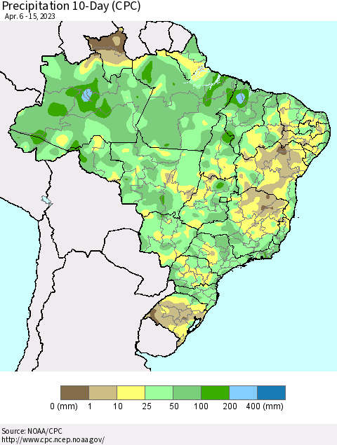 Brazil Precipitation 10-Day (CPC) Thematic Map For 4/6/2023 - 4/15/2023