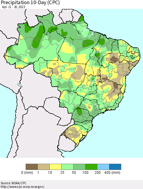 Brazil Precipitation 10-Day (CPC) Thematic Map For 4/11/2023 - 4/20/2023