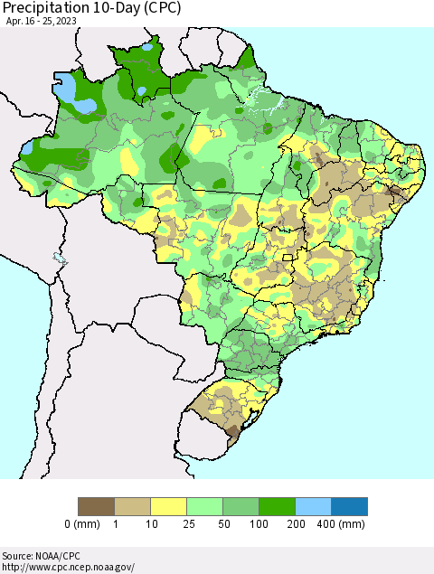 Brazil Precipitation 10-Day (CPC) Thematic Map For 4/16/2023 - 4/25/2023