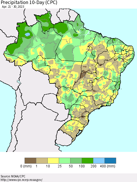 Brazil Precipitation 10-Day (CPC) Thematic Map For 4/21/2023 - 4/30/2023