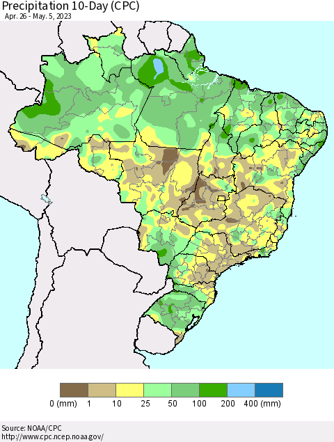 Brazil Precipitation 10-Day (CPC) Thematic Map For 4/26/2023 - 5/5/2023