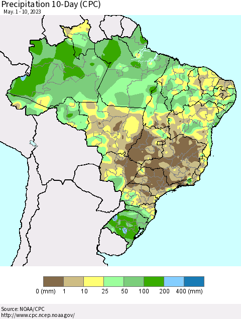 Brazil Precipitation 10-Day (CPC) Thematic Map For 5/1/2023 - 5/10/2023