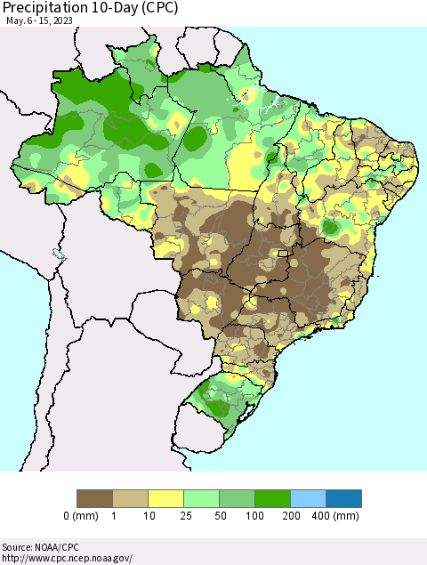 Brazil Precipitation 10-Day (CPC) Thematic Map For 5/6/2023 - 5/15/2023