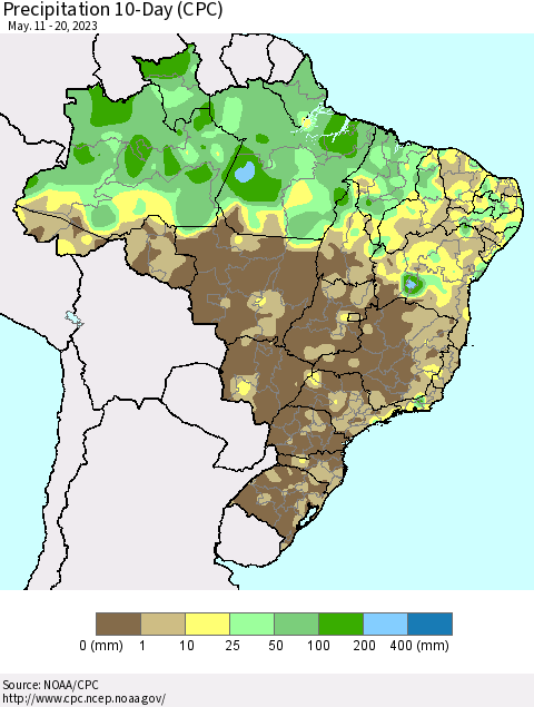 Brazil Precipitation 10-Day (CPC) Thematic Map For 5/11/2023 - 5/20/2023