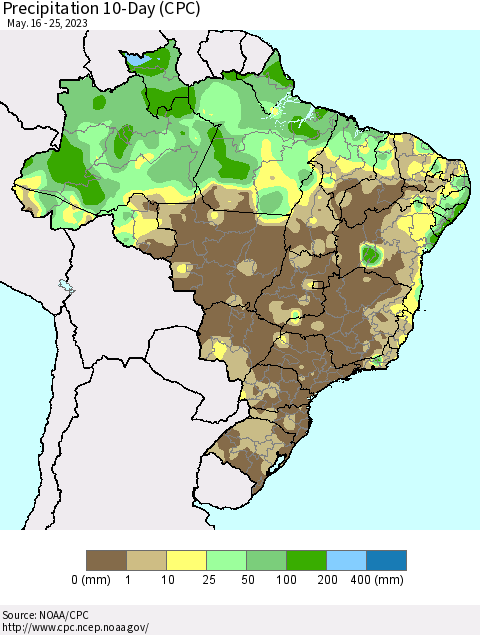 Brazil Precipitation 10-Day (CPC) Thematic Map For 5/16/2023 - 5/25/2023