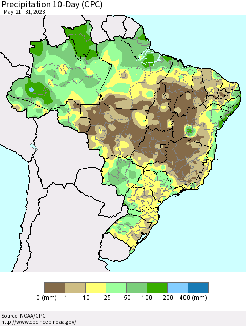 Brazil Precipitation 10-Day (CPC) Thematic Map For 5/21/2023 - 5/31/2023