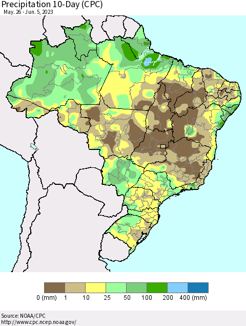 Brazil Precipitation 10-Day (CPC) Thematic Map For 5/26/2023 - 6/5/2023