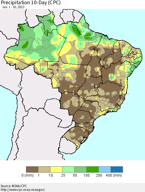 Brazil Precipitation 10-Day (CPC) Thematic Map For 6/1/2023 - 6/10/2023
