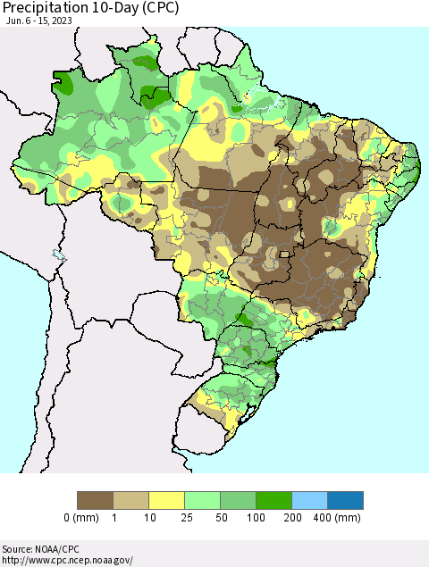 Brazil Precipitation 10-Day (CPC) Thematic Map For 6/6/2023 - 6/15/2023