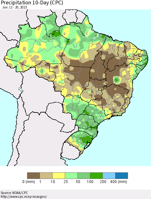 Brazil Precipitation 10-Day (CPC) Thematic Map For 6/11/2023 - 6/20/2023