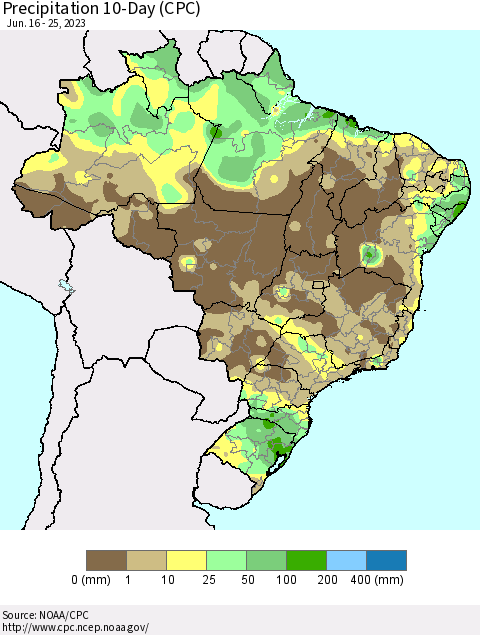 Brazil Precipitation 10-Day (CPC) Thematic Map For 6/16/2023 - 6/25/2023