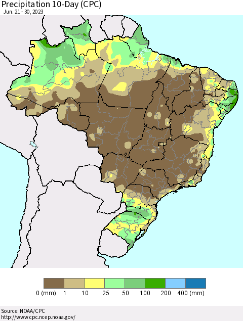 Brazil Precipitation 10-Day (CPC) Thematic Map For 6/21/2023 - 6/30/2023