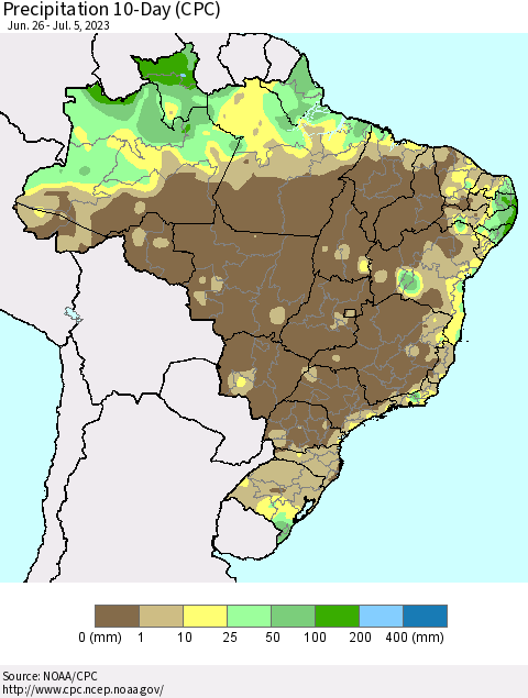Brazil Precipitation 10-Day (CPC) Thematic Map For 6/26/2023 - 7/5/2023