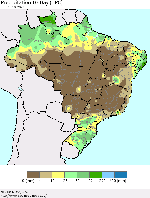Brazil Precipitation 10-Day (CPC) Thematic Map For 7/1/2023 - 7/10/2023