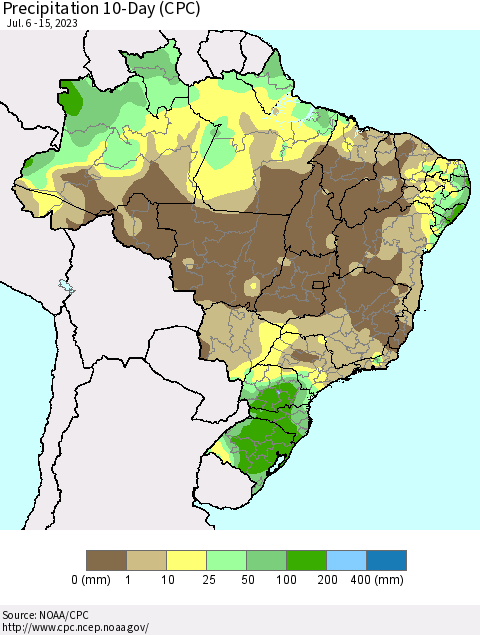 Brazil Precipitation 10-Day (CPC) Thematic Map For 7/6/2023 - 7/15/2023