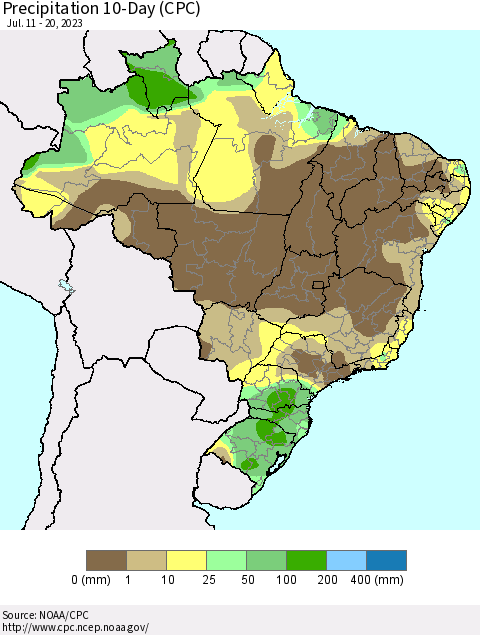 Brazil Precipitation 10-Day (CPC) Thematic Map For 7/11/2023 - 7/20/2023