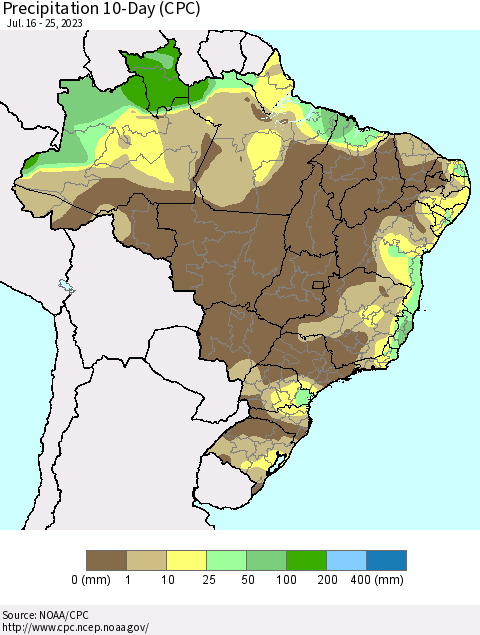 Brazil Precipitation 10-Day (CPC) Thematic Map For 7/16/2023 - 7/25/2023