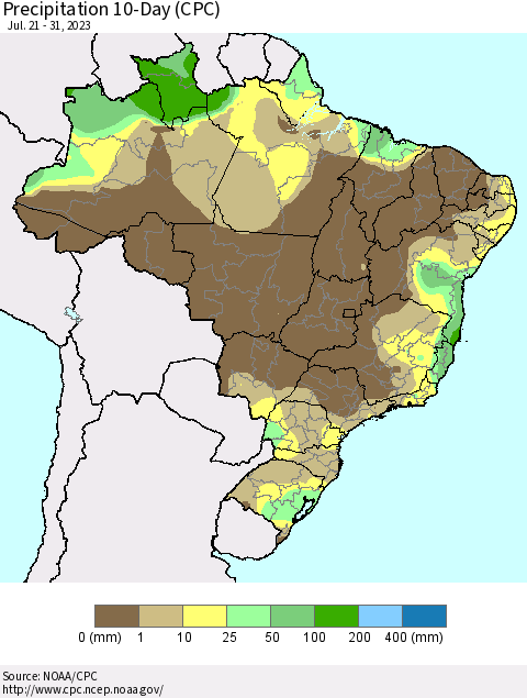 Brazil Precipitation 10-Day (CPC) Thematic Map For 7/21/2023 - 7/31/2023