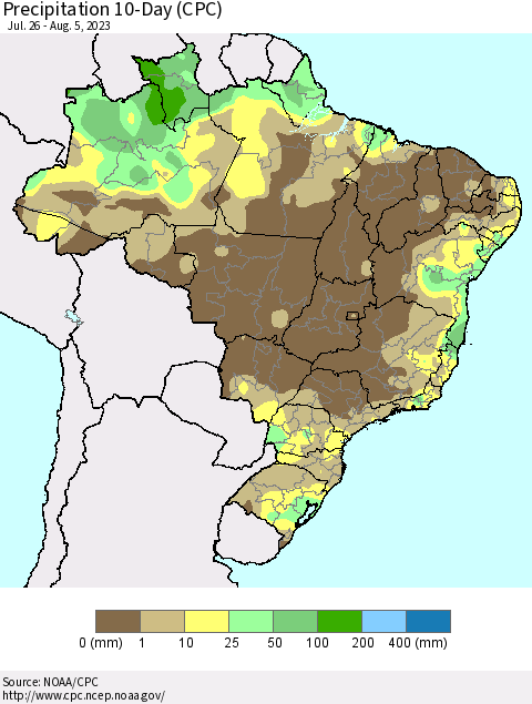 Brazil Precipitation 10-Day (CPC) Thematic Map For 7/26/2023 - 8/5/2023
