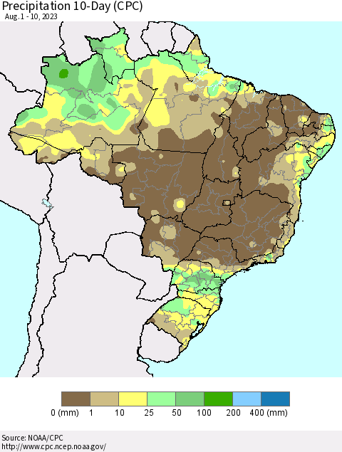 Brazil Precipitation 10-Day (CPC) Thematic Map For 8/1/2023 - 8/10/2023
