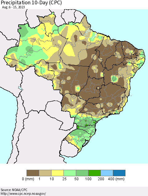 Brazil Precipitation 10-Day (CPC) Thematic Map For 8/6/2023 - 8/15/2023