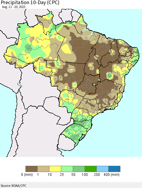 Brazil Precipitation 10-Day (CPC) Thematic Map For 8/11/2023 - 8/20/2023