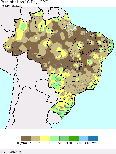 Brazil Precipitation 10-Day (CPC) Thematic Map For 8/16/2023 - 8/25/2023