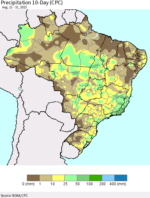 Brazil Precipitation 10-Day (CPC) Thematic Map For 8/21/2023 - 8/31/2023