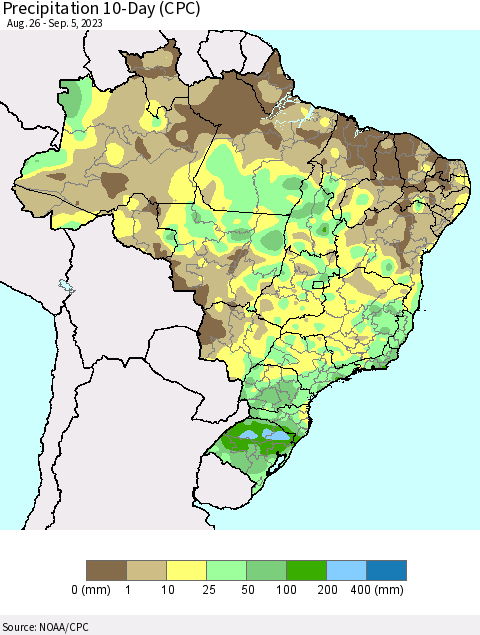 Brazil Precipitation 10-Day (CPC) Thematic Map For 8/26/2023 - 9/5/2023