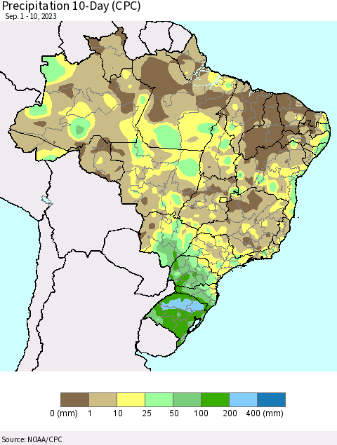 Brazil Precipitation 10-Day (CPC) Thematic Map For 9/1/2023 - 9/10/2023