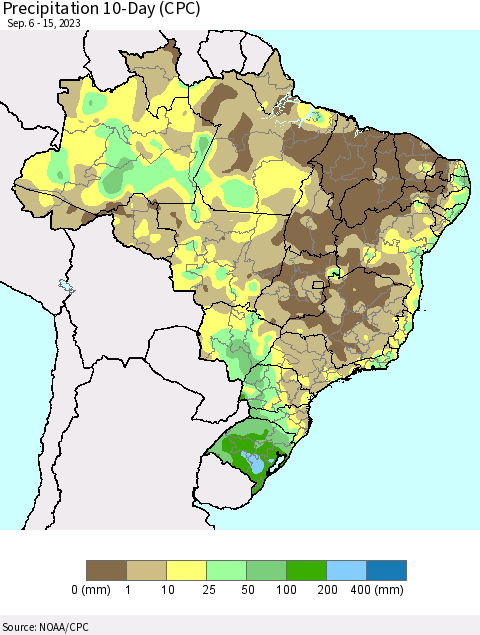 Brazil Precipitation 10-Day (CPC) Thematic Map For 9/6/2023 - 9/15/2023