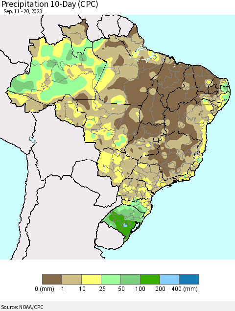 Brazil Precipitation 10-Day (CPC) Thematic Map For 9/11/2023 - 9/20/2023
