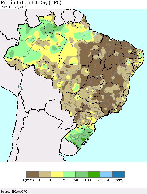 Brazil Precipitation 10-Day (CPC) Thematic Map For 9/16/2023 - 9/25/2023