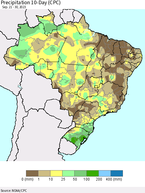 Brazil Precipitation 10-Day (CPC) Thematic Map For 9/21/2023 - 9/30/2023