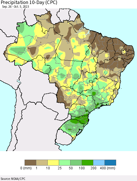 Brazil Precipitation 10-Day (CPC) Thematic Map For 9/26/2023 - 10/5/2023