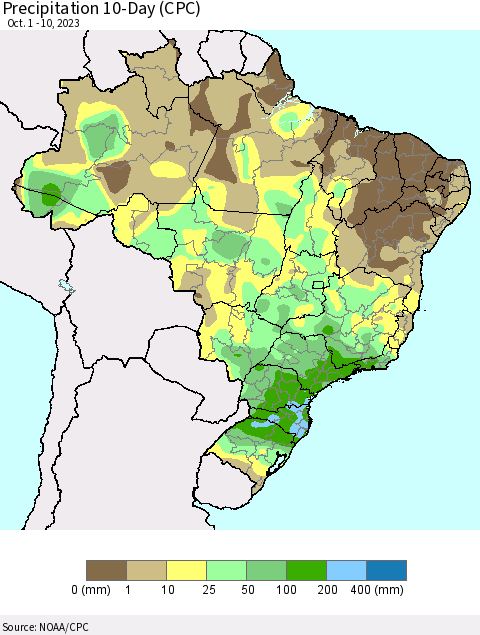 Brazil Precipitation 10-Day (CPC) Thematic Map For 10/1/2023 - 10/10/2023