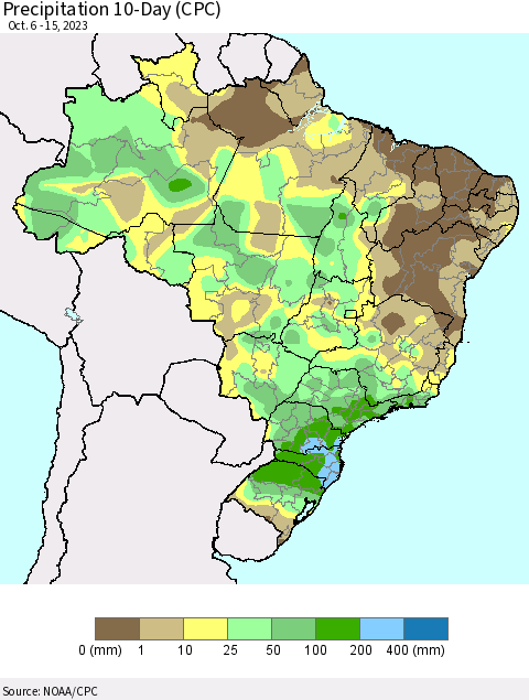Brazil Precipitation 10-Day (CPC) Thematic Map For 10/6/2023 - 10/15/2023